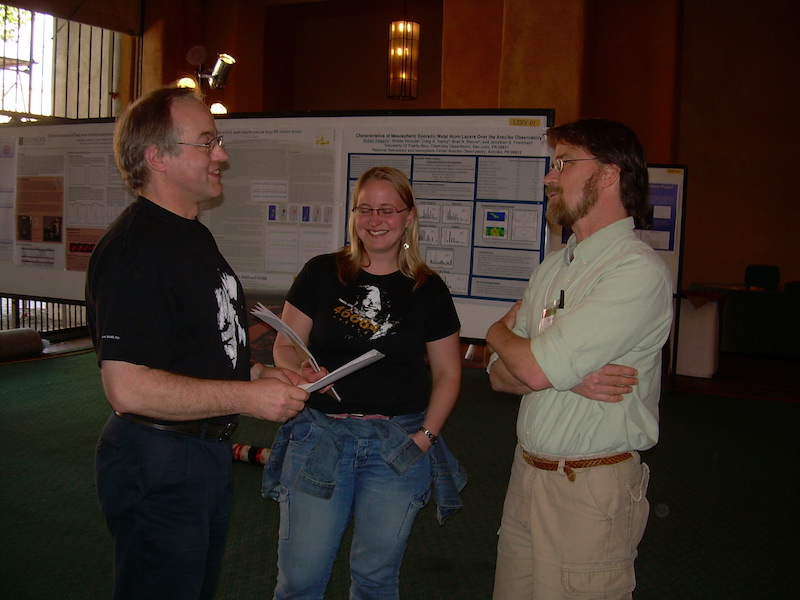 Poster Judges Rick Doe of SRI, the poster chair (on the right), discusses strategy with two of his judges, Tony van Eyken and Anja Stromme of EISCAT.