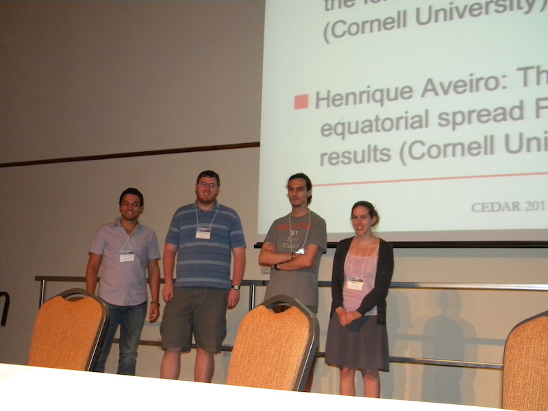 The honorable mention winners of the IT and MLT poster competitions. From left to right are: Henrique Aveiro (EQIT-05) and Roger Varney (EQIT-12), both of Cornell University, Sotirios Mallios (SPRT-06) of the Pennsylvania State University and Elizabeth Bass (METR-02) of Boston University. Elizabeth Bass and Roger Varney are the two CEDAR Student representatives on the CSSC.