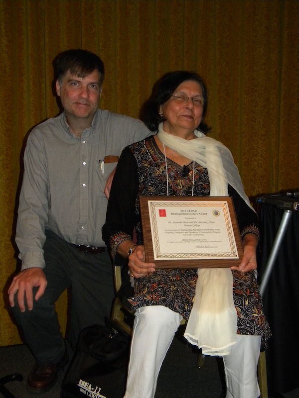 Sunanda Basu (BC) holds her CEDAR Distinguished Lecture #3 award plaque given by Dave Hysell (CSSC chair, Cornell) on Thursday June 27, 2013.