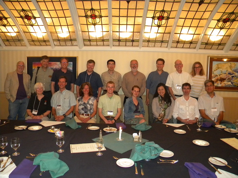 The 2012-2013 CEDAR Science Steering Committee (CSSC) at the Sunday night CSSC dinner meeting at the Boulder Creek Living Room in the Millennium Hotel. Back row left to right: Gary Bust (APL/JHU), Dave Hysell (chair, Cornell), Bob McCoy (U AK), Aaron Ridley (U MI), Qian Wu (NCAR), Ian McCrea (Science and Technology Facilities Council, UK), Tony Mannucci (JPL), Rich Behnke (NSF), Anne-Marie Schmoltner (NSF). Seated in front left to right: Barbara Emery (ex-officio organizer, NCAR), Tom Immel (U CA Berkeley), Sharon Vadas (NWRA), Tim Duly (student U IL), Katelynn Greer (student U CO), Tomoko Matsuo (U CO/NOAA), Farzad Kamalabadi (U IL), Josh Semeter (BU).