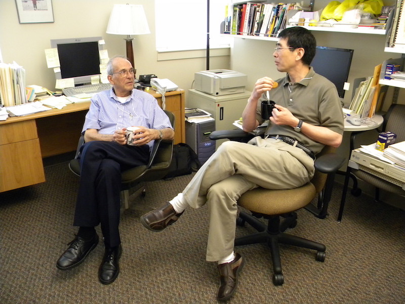 Gonzalo Hernandez (U WA) enjoys tea in his office with visitor Qian Wu (NCAR). They both build and run Fabry-Perot Spectrometers