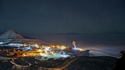 The McMurdo station in Antarctica during the winter at night