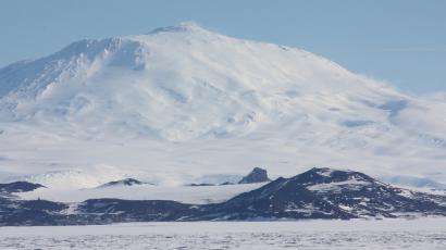 Mount Erebus with McMurdo Station visible in the lower left